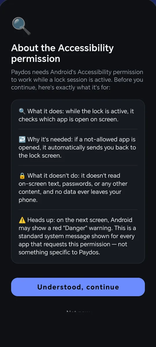 Paydos: Explanation of the accessibility permission