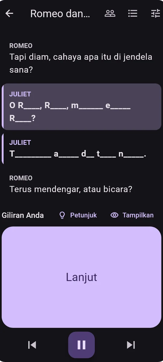 Memorize: Lines, Speech, Poems: Layar latihan dengan dialog yang dibacakan bergiliran