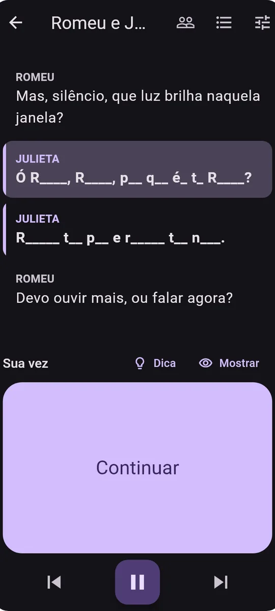 Memorize: Lines, Speech, Poems: Tela de ensaio com as falas lidas uma de cada vez