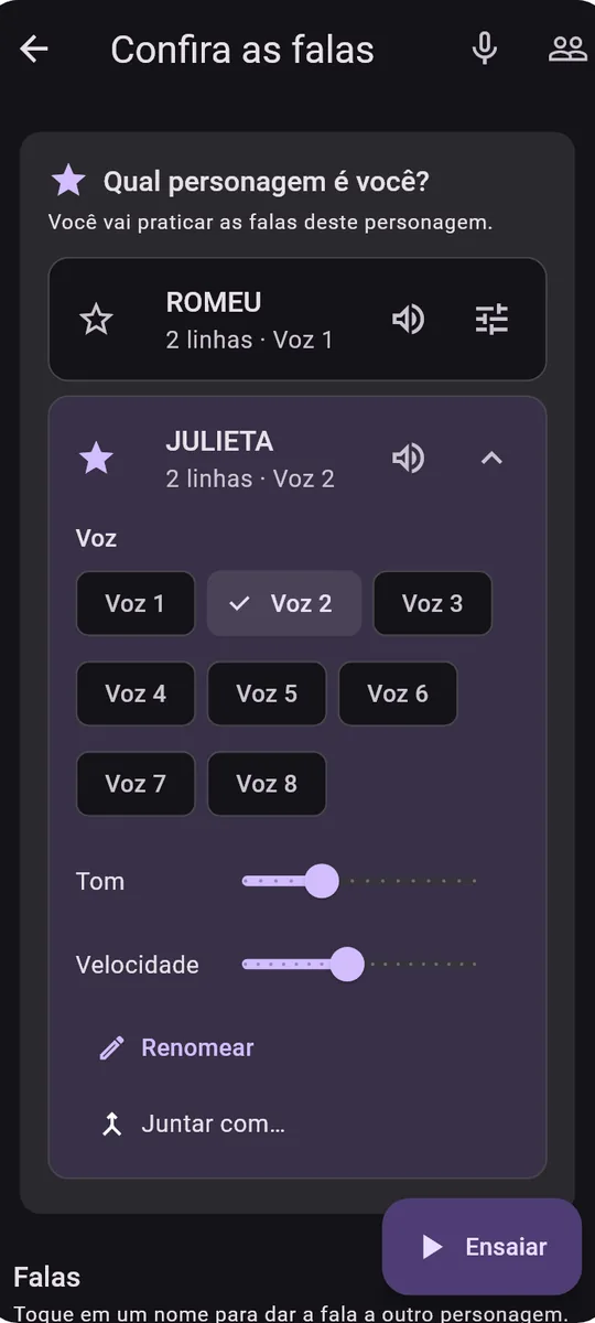 Memorize: Lines, Speech, Poems: Escolha de personagens e vozes