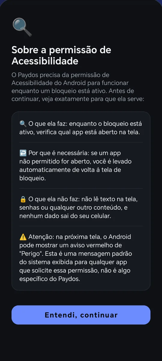 Paydos: Explicação da permissão de acessibilidade