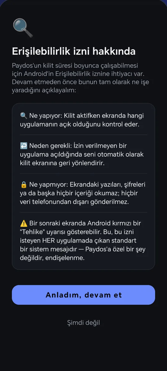 Paydos: Erişilebilirlik izni açıklaması